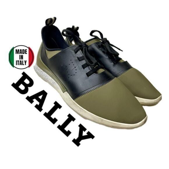 BALLY SNEAKERS MILITARY GREEN NEOPRENE BLACK LEATHER SZ 13 MADE IN ITALY - Picture 1 of 16